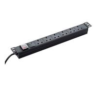 GroupGear 3m 6 Way Surge Protected Horizontal Rack Mount Power Extension Block UK Plug to 6 x UK Sockets - Black