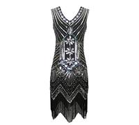 Grouptap 1920s flapper gatsby womens sequins fringe v-neck long dress silver 20s style fancy beads costume size 10/12 (Silver, UK 10-12)