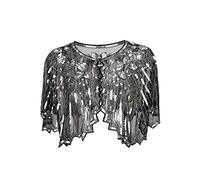 Grouptap 1920s silver black shawl gatsby bolero sequin cape shrug wrap for women ladies flapper art deco vintage dress costume (Silver, One Size)