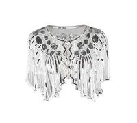 Grouptap 1920s silver white gatsby shawl bolero sequin cape shrug wrap for women ladies flapper art deco vintage dress costume (White, One Size)