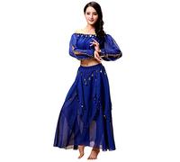 Grouptap Arabian womens belly dancer long sleeve indian Bollywood costume set outfit blue slit top pants ladies girls dancing (Blue, 150-170 cm)