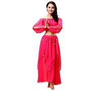 Grouptap Arabian womens belly dancer long sleeve indian Bollywood costume set outfit pink slit top pants ladies girls dancing (Pink, 150-170 cm)