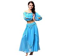 Grouptap Arabian womens belly dancer long sleeve indian Bollywood costume set outfit red/blue/yellow slit top pants ladies girls dancing (Cyan, 140-155 cm)