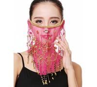 Grouptap Belly dance half face veil costume with gold beaded clover for womens girls arabian egyptian dancing (Pink)