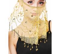 Grouptap Belly dance half face veil costume with gold beaded clover for womens girls arabian egyptian dancing (Yellow)