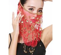 Grouptap Belly dance half face veil costume with gold beaded clover for womens girls arabian egyptian dancing (Red)