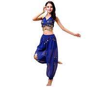 Grouptap Bollywood indian kuchipudi bharatanatyam princess belly dance blue 2-piece wave pants costume outfit (Blue, 150-170 cm)