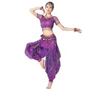 Grouptap Bollywood indian womens 3-piece kuchipudi arabian belly dance costume adult (top, pants, waist scarf belt) (Purple, M)