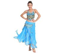 Grouptap Bollywood light blue asian indian arabian jasmine belly dance dress costume 2-piece halter top skirt fancy sexy women outfit (Cyan, 150-175cm, 40-70kg)