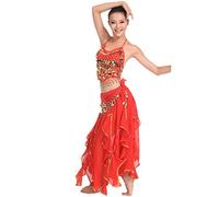 Grouptap Bollywood red rose asian indian arabian jasmine belly dance dress costume 2-piece halter top skirt fancy sexy women outfit (Red, 150-175cm, 40-70kg)
