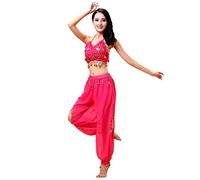 Grouptap Bollywood Women India Arabian Lady Belly Dancer Sequined top Slit Pants Dress Costume Fancy Adult Outfit (Pink, 145-160 cm)