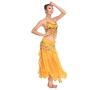 Grouptap Bollywood yellow asian indian arabian jasmine belly dance dress costume 2-piece halter top skirt fancy sexy women outfit (Yellow, 150-175cm, 40-70kg)