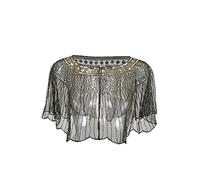 Grouptap Gold black women gatsby cape shawl beaded sequin wrap bolero for 1920s art decor fashion evening party dress gown outfit (Gold Black)