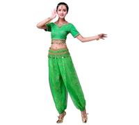 Grouptap Indian womens short sleeve 3-piece kuchipudi bollywood dance dress ladies costume (top, pants, waist scarf) (Green, M)