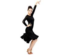 Grouptap Latin ladies black long sleeve womens ballroom competition dance swing ruffle skirt dress for latina salsa samba cha cha rumba (Black, UK 12-14)