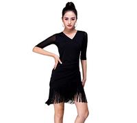 Grouptap Latin mid sleeve v-neck tassel womens dancer skirt dress chacha latina ladies size costume (UK Women 4-6) (Black, XS)