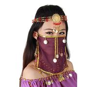 Grouptap Silk belly dance sexy face veil mask costume womens girls Arabian Turkish outfits with gold jewelry tie (Purple)