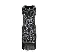 Grouptap Silver black 1920s flapper gatsby evening dance dress fancy women girls size 1920 sequin tassel vintage fashion clothes (Silver, UK 14)