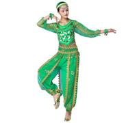 Grouptap Women Bollywood 3-pc folk indian fancy dance dress arabian long-sleeve outfits costume (top, pants, waist scarf) (Green, M)