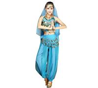 Grouptap Womens belly dancer 4-piece costume set outfit blue with top pants head veil hip scarf for Arabian Egyptian dancing (Cyan, 150-170cm, 45-65kg)