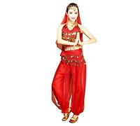 Grouptap Womens belly dancer 4-piece costume set outfit red with top pants head veil hip scarf for Arabian Egyptian dancing (Red, 150-170cm, 45-65kg)