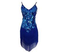 Grouptap Womens flapper gatsby sequin tassel ballroom dance sling skirt blue latin salsa tango samba cha cha rumba dress size 6/8/10/12 (Blue, UK 6-12)