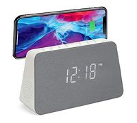 Grouptronics GTQ-RENEW Wireless Charging Alarm Clock Radio - Dimmable Display, USB Charging, FM Radio, Dual Alarms, No Tick Alarm Clock Bedside - White with Grey Cloth screen