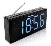 Grouptronics Large Digital Alarm Clock Radio - Mains Powered, 9" Large Display Clock, Bedside or Kitchen, Non Ticking, Dual Alarm, Brightness Control, Battery Back-Up - Black