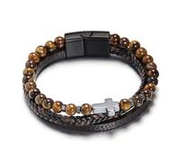 GROVBLE Men's Cross Bracelet with Double Strand Beads, Brown Tiger Eye Stone, Magnetic Closure