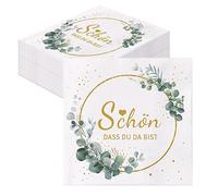 GROVBLE Pack of 40 Serviettes Schön Dass Du Da Bist, Serviettes Wedding Birthday Eucalyptus 2-Layer Napkins Eucalyptus Napkins Green Napkins Sage Green Christening Communion Table Decoration 33 x 33