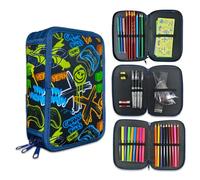 GROVBLE Pencil Case with 3 Compartments, Pencil Case Boys from 5th Grade, Pencil Case with Contents, School Case Boys with Large, Pencil Case, School Pencil Case, Complete with Stationery and