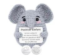 GROVBLE Positive Elephant Lucky Charm - Hand Crocheted Elephant with Lucky Coin & Card, Pocket Hug, Emotional Courage & Personal Encouragement Gift for Adults