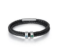 Grovjewfit Personalised Men’s Leather Bracelet with Birthstones and Name Engraving Braided Black Leather Stainless Steel Custom Gift for Dad Husband Boyfriend (2 stone)