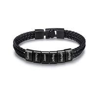 Grovjewfit Personalized Bracelet Men With Name: Bracelet Leather With Engraving 1-8 Names Men Bracelets Black Bangle Gifts For Husband Boyfriend Father On Christmas Birthday Valentine's Day (6 names)
