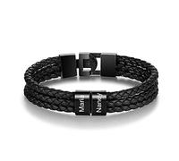 Grovjewfit Personalized Bracelet Men With Name: Bracelet Leather With Engraving 1-8 Names Men Bracelets Black Bangle Gifts For Husband Boyfriend Father On Christmas Birthday Valentine's Day (2 names)