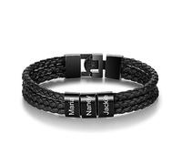 Grovjewfit Personalized Bracelet Men With Name: Bracelet Leather With Engraving 1-8 Names Men Bracelets Black Bangle Gifts For Husband Boyfriend Father On Christmas Birthday Valentine's Day (3 names)