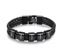 Grovjewfit Personalized Bracelet Men With Name: Bracelet Leather With Engraving 1-8 Names Men Bracelets Black Bangle Gifts For Husband Boyfriend Father On Christmas Birthday Valentine's Day (5 names)