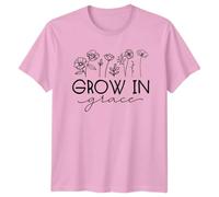 Grow in Grace Botanical Inspirational Mens T-Shirt Womens Tee Graphic Shirt Plant Motif Design for Everyday Wear S Light Pink