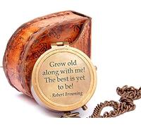 GROW OLD WITH ME ENGRAVED BRASS COMPASS ON CHAIN WITH LEATHER CASE FOR HIKING & CAMPING Vintage Style Brass Pocket Compass with Leather Case Rustic Vintage Home Decor Gifts