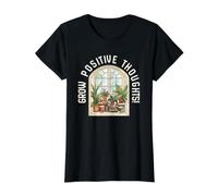 Grow Positive Thoughts Books Leafy Plants Windowsill Fun Value Graphic T-Shirt, Women, Black, L
