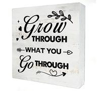 Grow Through What You Go Through Wood Box Sign Home Decor Rustic Inspirational Sayings Quote Wooden Box Sign Block Plaque for Wall Tabletop Desk Home Office Decoration 5" x 5"