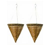 Growers Own Bowood 12" Cone Plastic Rattan Hanging Planter Baskets - Rustic & Decorative Outdoor Planters for Trailing Flowers, Plants & Vines. Durable, Easy to Use & Low Maintenance (Twin Pack)