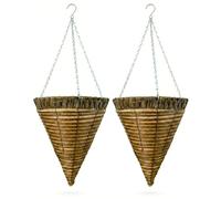 Growers Own Bowood 14" Cone Plastic Rattan Hanging Planter Baskets - Rustic & Decorative Outdoor Planters for Trailing Flowers, Plants & Vines. Durable, Easy to Use & Low Maintenance (Twin Pack)