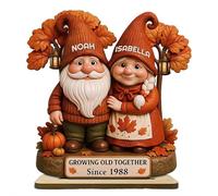 Growing Old Together Figurines, Gnome Couple With Sunflowers and Pumpkins, 2D Personalized Custom Shape Wood Standing Plaque, Fall Desk Decorations, Gift For Couples and Grandparents