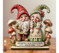 Growing Old Together, Gnome Couple With Sunflowers And Pumpkins, Personalized Custom Shape Wood Standing Plaque, 3D Effect Gnome Couple Together Since Gifts For Couples and Grandparents