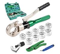 Growlush Pipe Press Tool Kit, Pipe Crimping Tool with 5 V-Profile Jaws (12-28mm) & 4 TH-Profile Jaws (16-32mm), Includes Pipe Cutter and Deburrer for Copper and Multilayer Pipe
