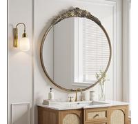 Growsun Antique Ornate Round Mirror 28 inch Vintage Black Circle Wall Mirror for Hallway Living Room Bedroom Wall Decor