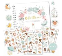 Growth Logbook Personal Gift for Birth, Gentle Baby Diary with Sticker Set, Memory Box Baby for Newborns, Baby Album My First Year (Wreath)