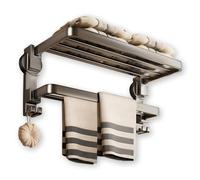 Groyells Towel Holder with Suction Cup, Wall Mounted Towel Rail No Drilling, 90° Foldable, 7 Hooks, 60 cm Double Layer, Black