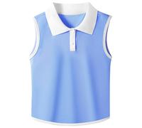 GroYolan Girls Polo Shirt Sleeveless Golf Shirts Contrast Collared Button-Up Tennis T-Shirts Quick Dry Breathable Tank Tops Blue